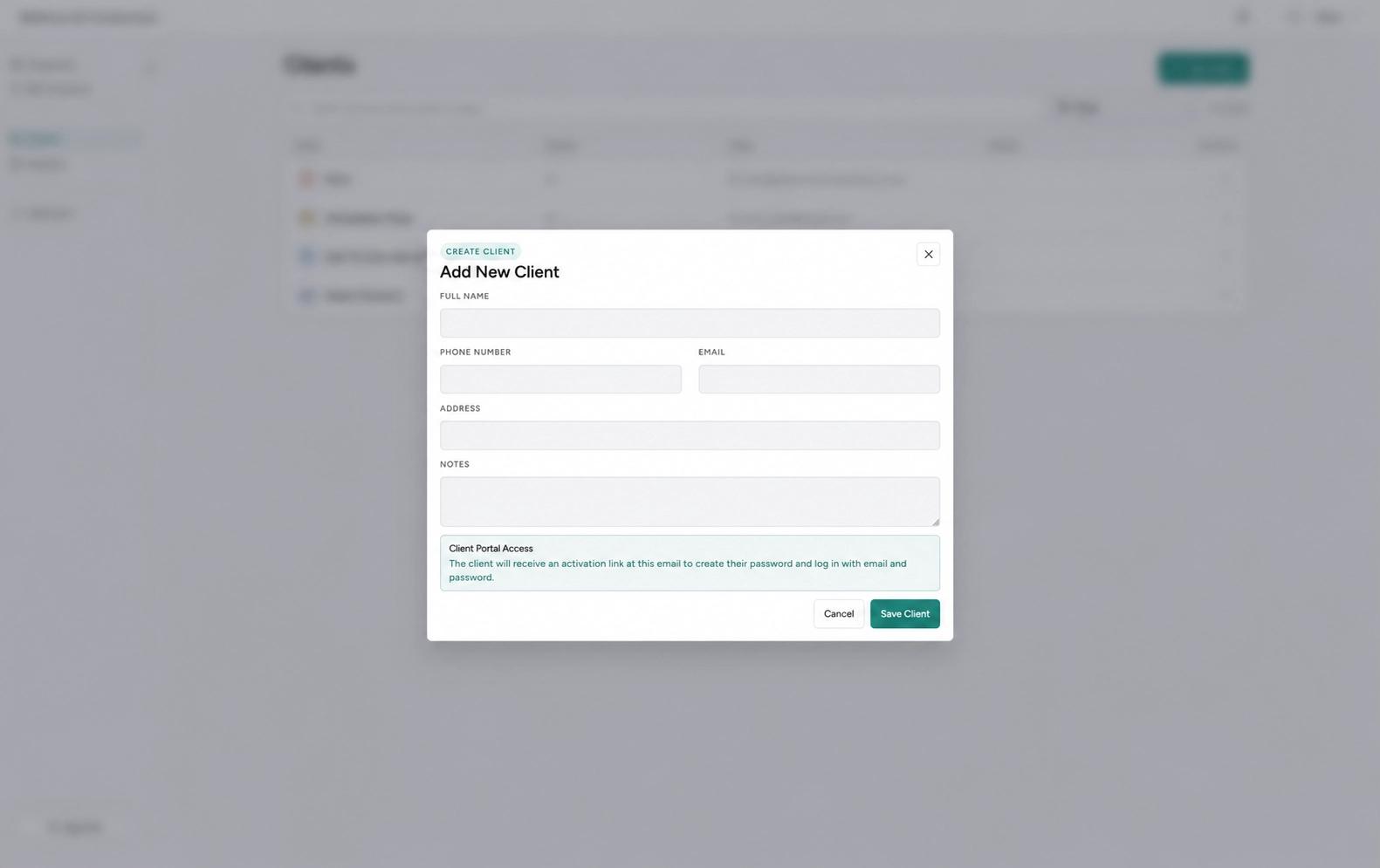 BRC Client Portal form for creating a client and sending portal access