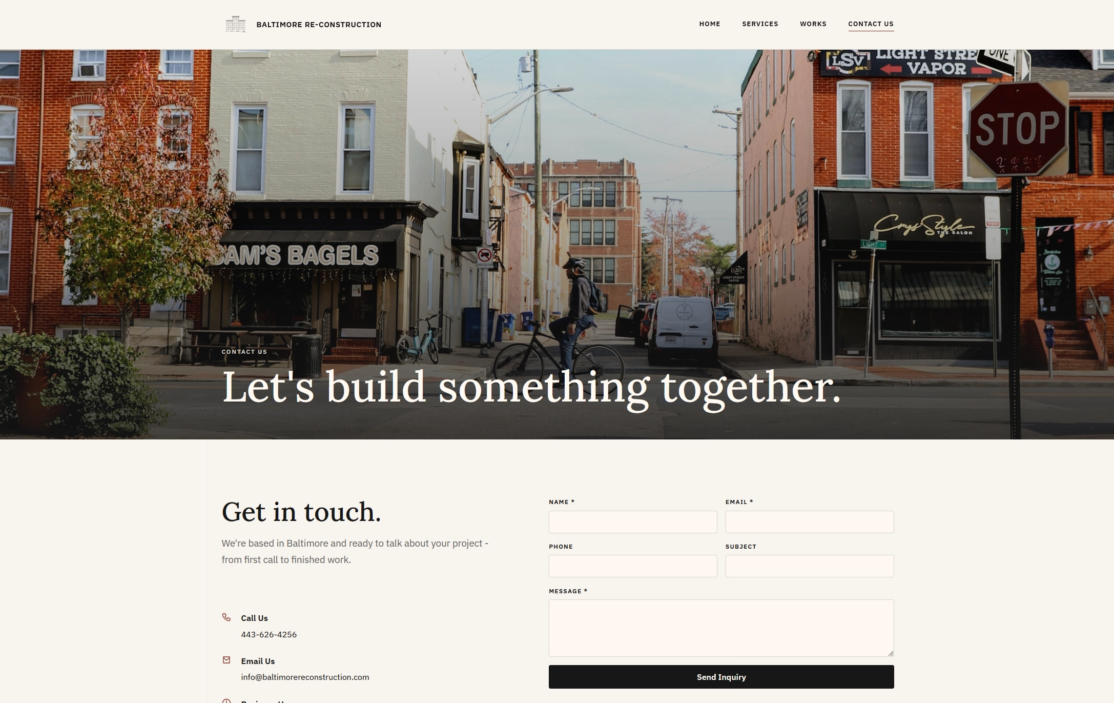 Baltimore Re-Construction contact page with phone, email, and inquiry form