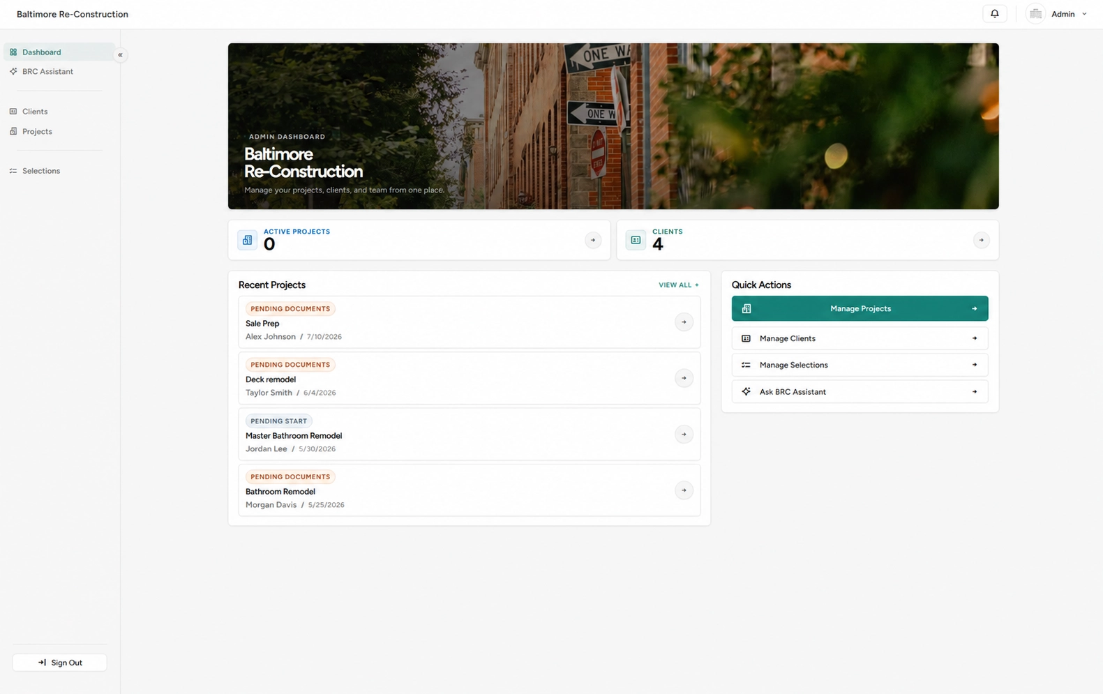BRC Client Portal admin dashboard with projects, clients, and quick actions