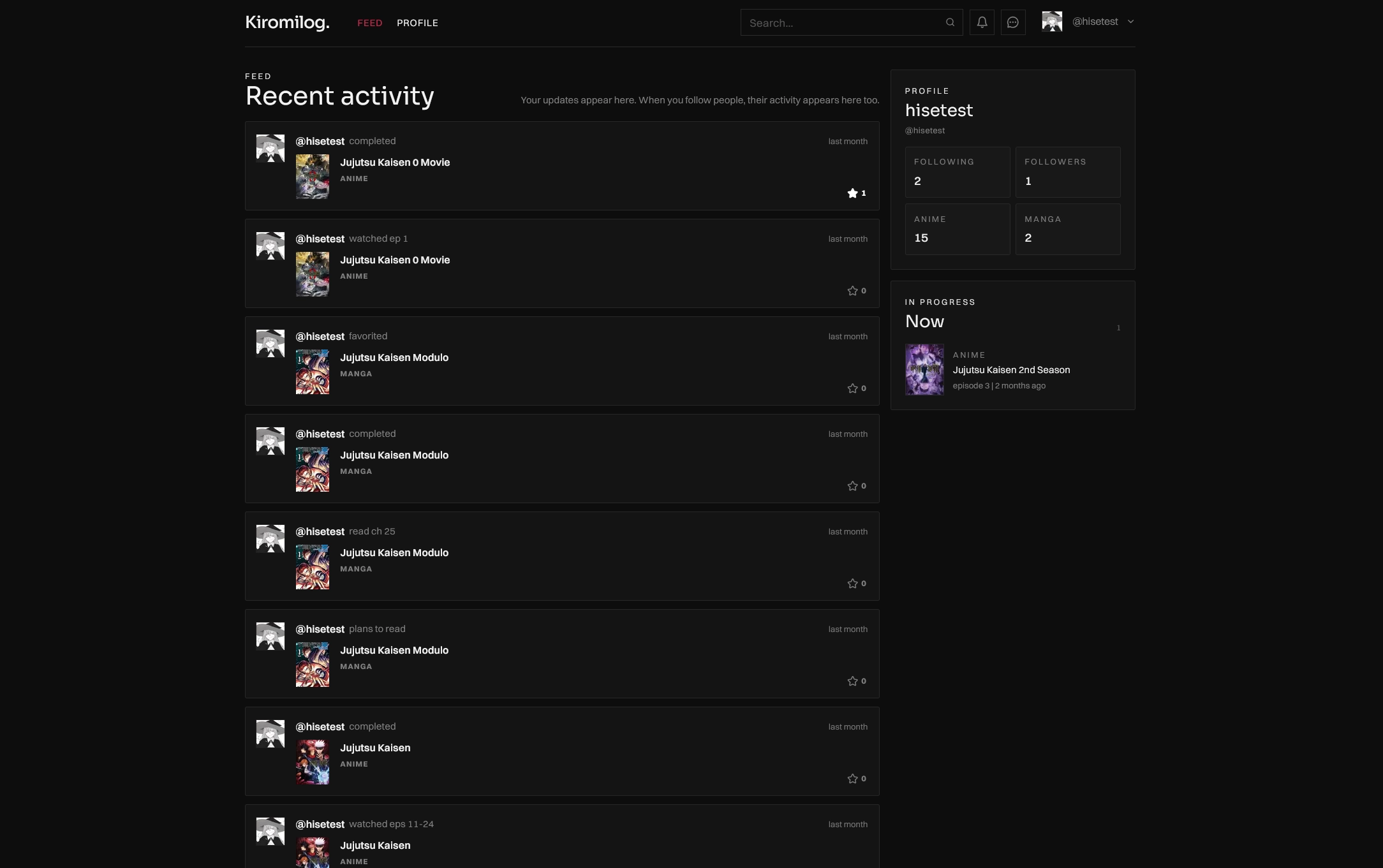 Kiromilog activity feed with recent anime and manga updates
