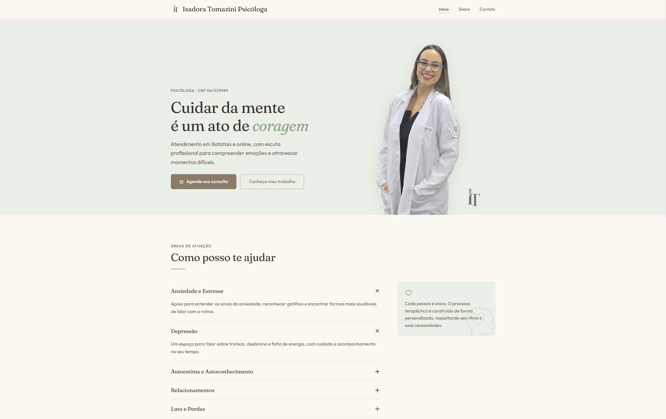 Página inicial do site da psicóloga Isadora Tomazini