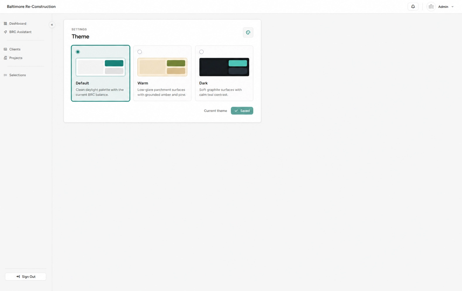 BRC Client Portal settings with default, warm, and dark themes