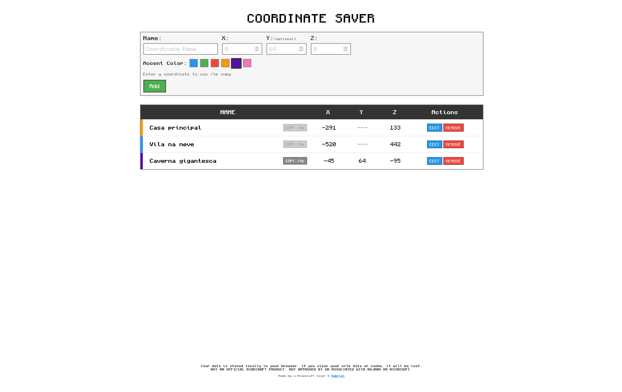 Interface do Coordinate Saver com formulário e lista de coordenadas