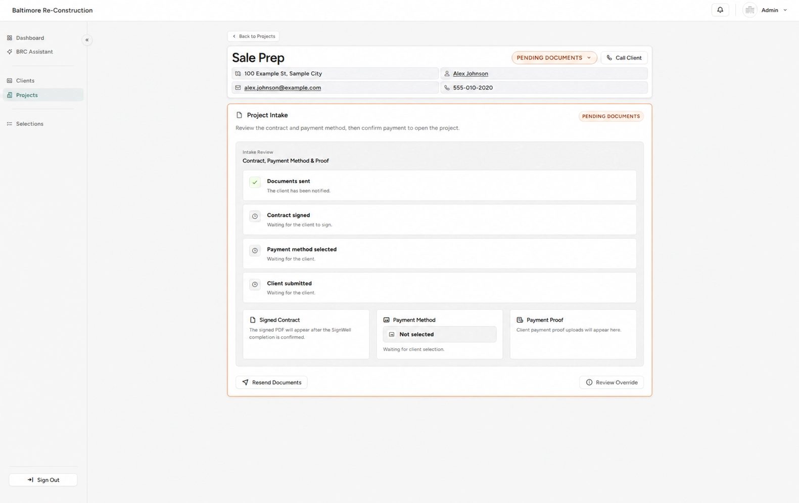 BRC Client Portal project intake showing contract and payment steps