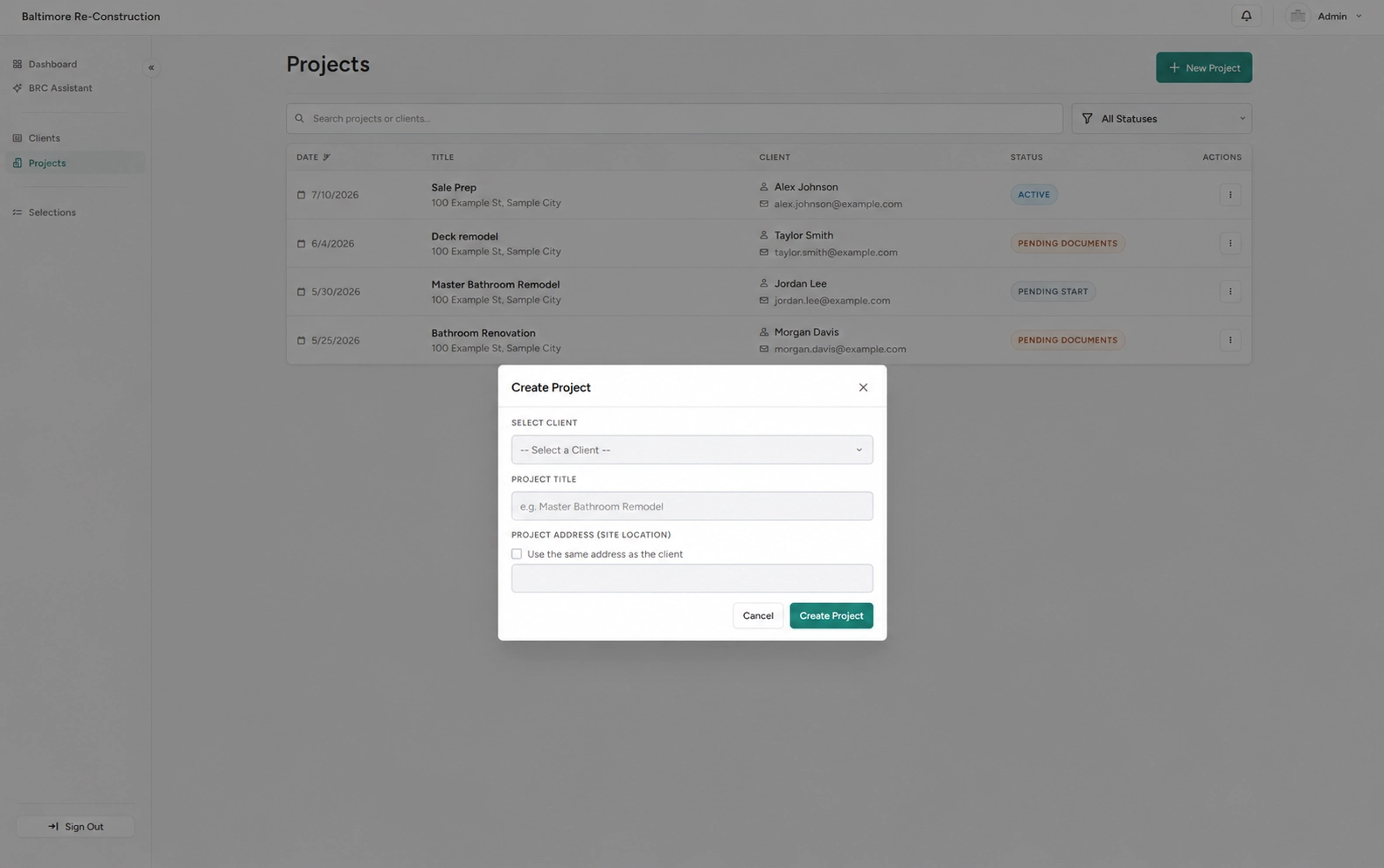 BRC Client Portal project list and create-project form