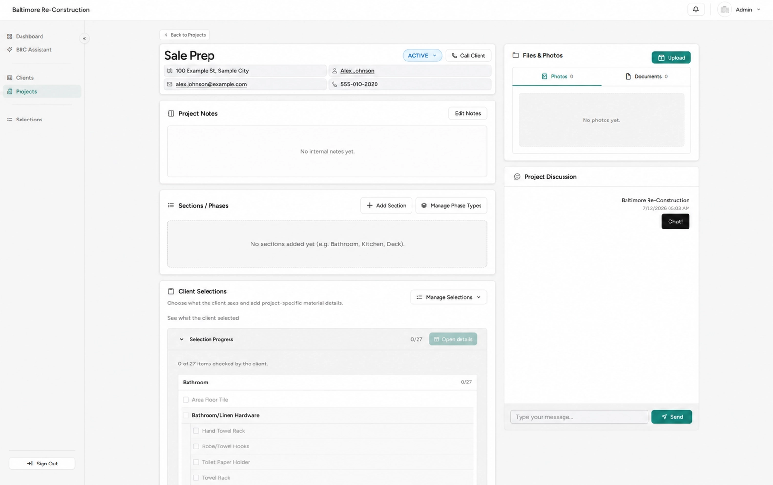 BRC Client Portal project workspace with phases, files, selections, and discussion