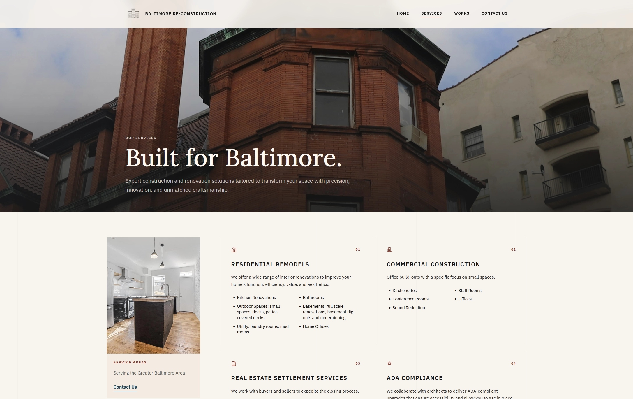 Baltimore Re-Construction services page with residential and commercial service categories