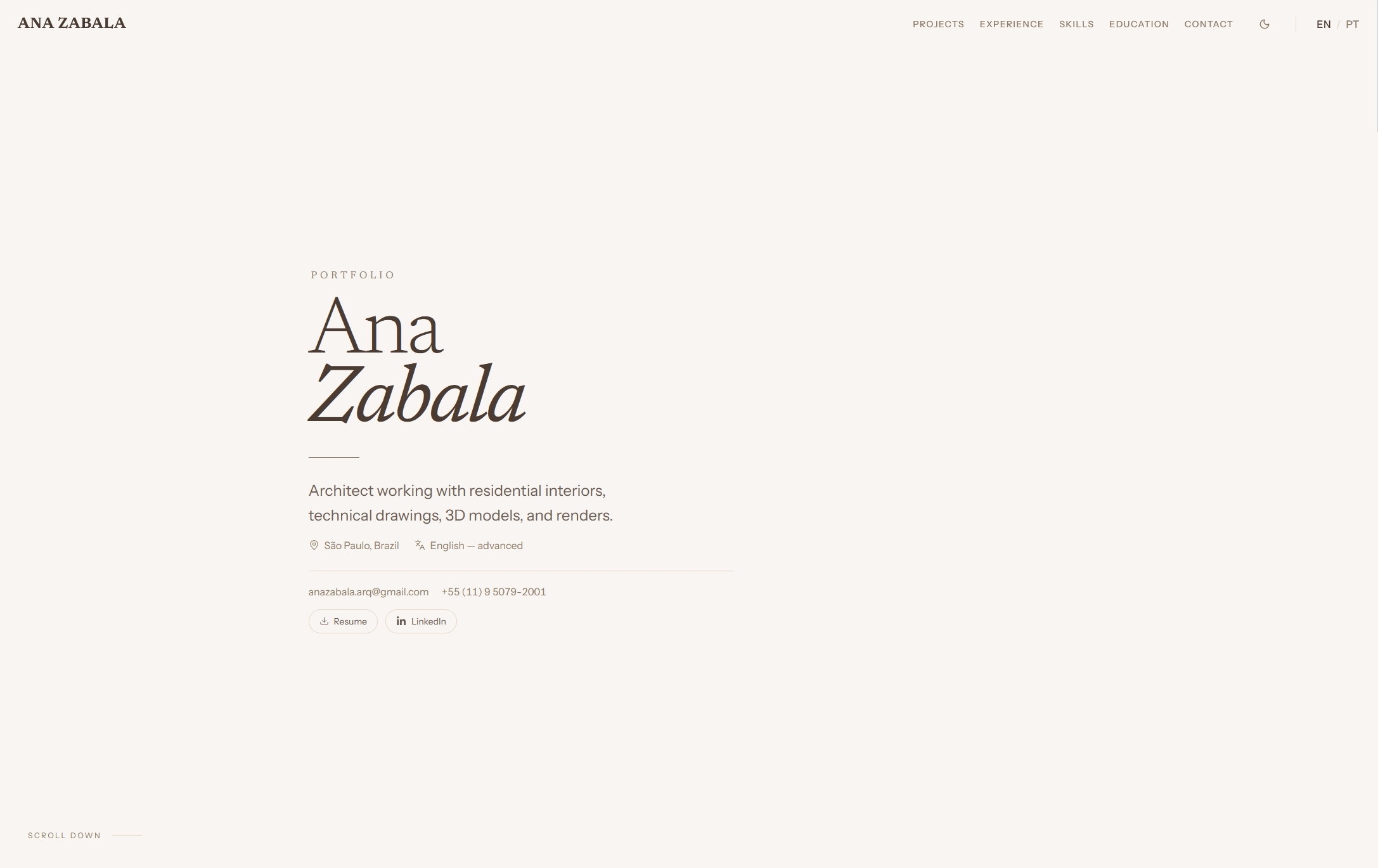 Ana Zabala portfolio home page in light theme